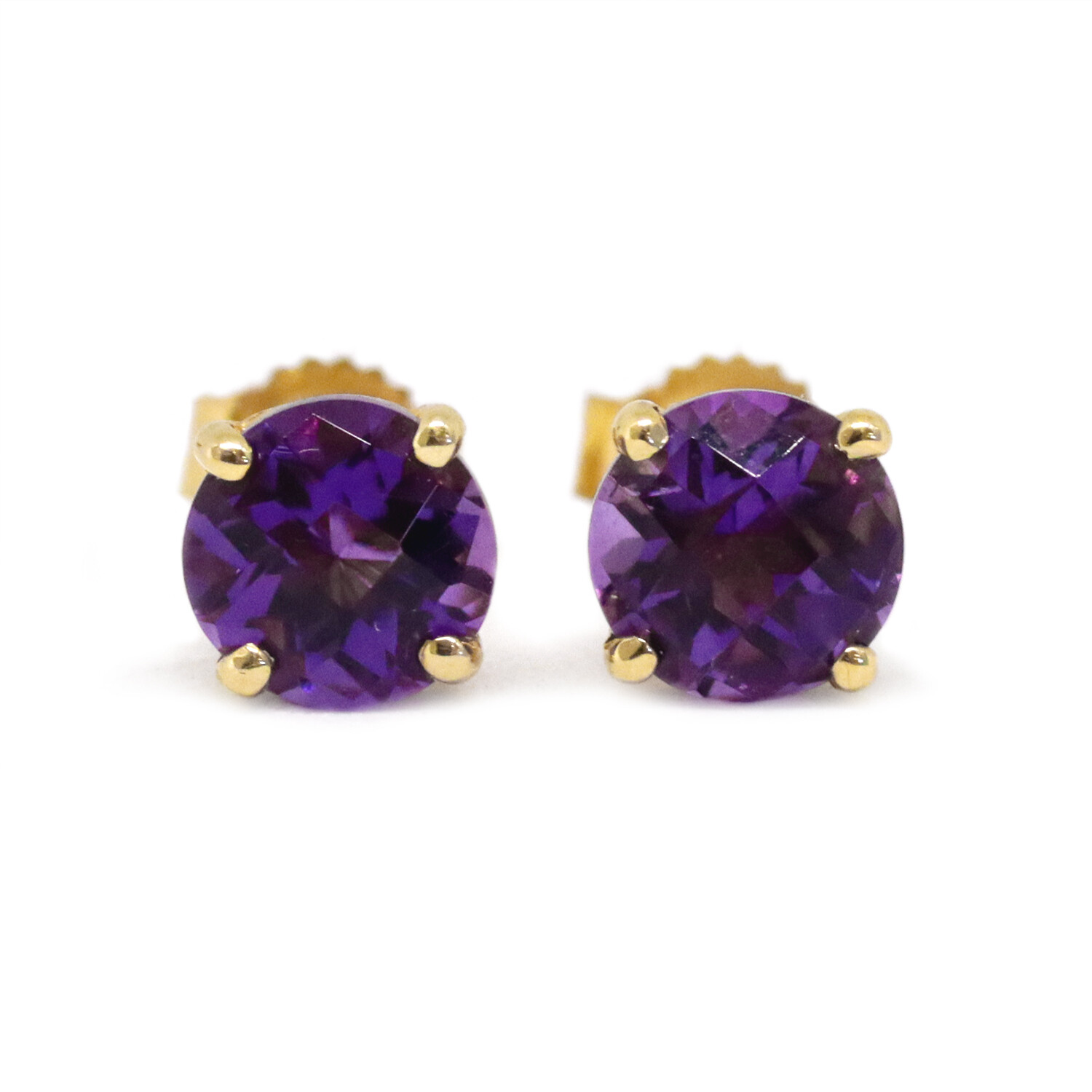 14KT Yellow Gold Checkered Round Amethyst Stud Earrings