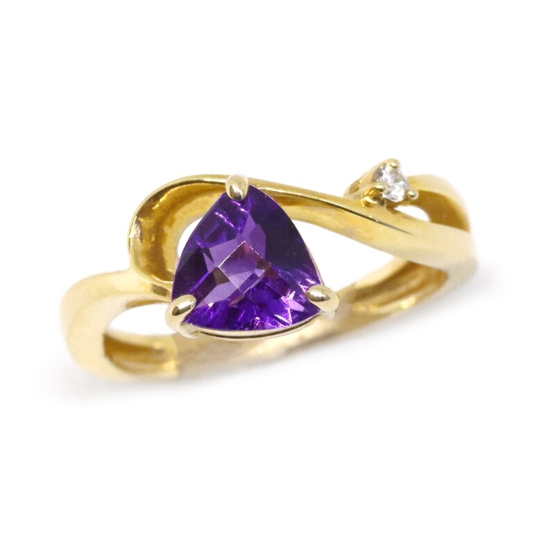 14KT Yellow Gold Trillion Amethyst Diamond Accent Swirl Ring