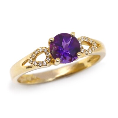 14KT Yellow Gold Checkered Round Amethyst Diamond Open Shoulder Ring