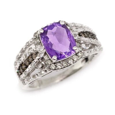 10KT White Gold Checkered Cushion Amethyst with Champagne and White Diamond Accents Ring