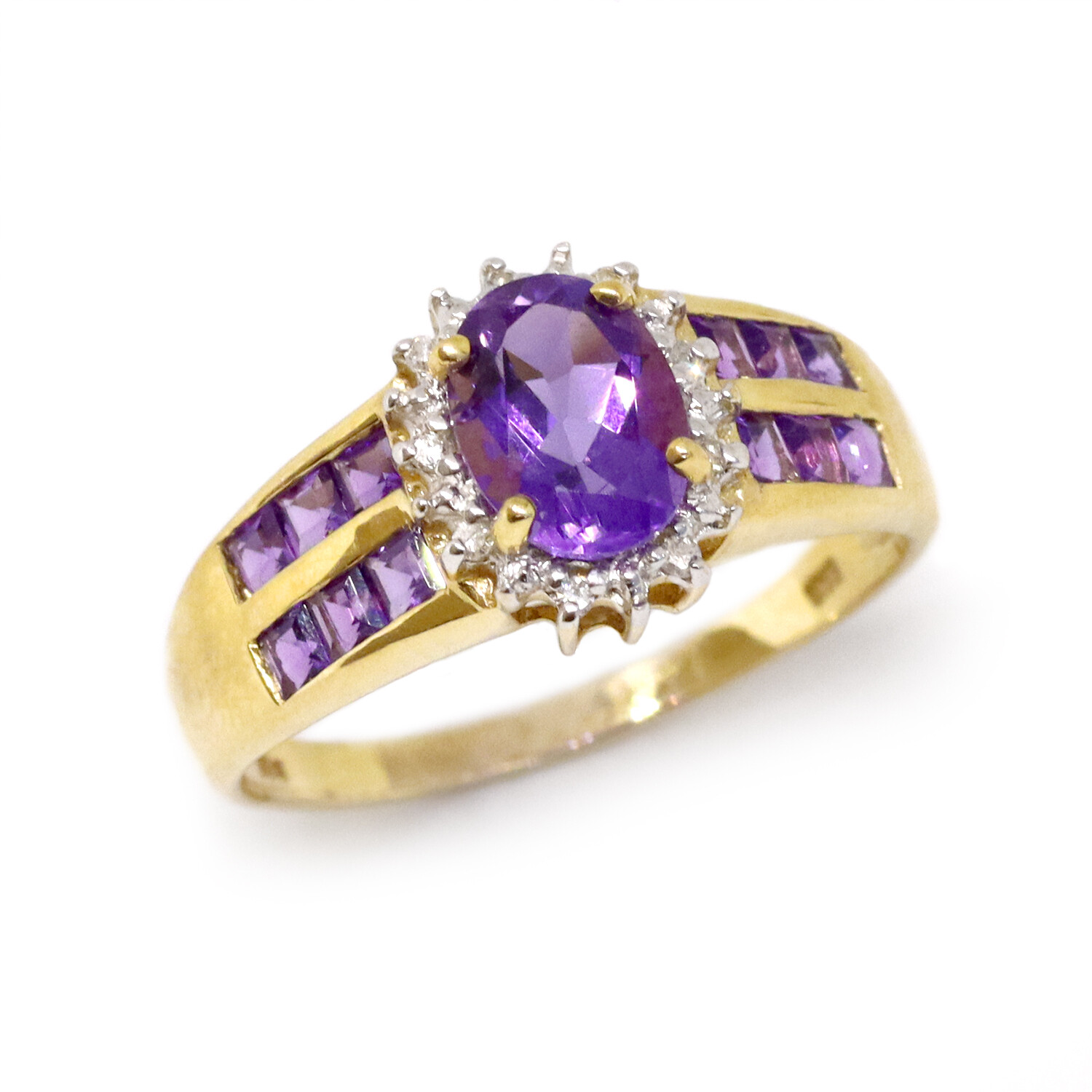 14KT Yellow Gold Oval Amethyst with Baguette Amethysts and Diamond Halo Ring