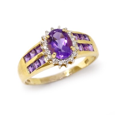 14KT Yellow Gold Oval Amethyst with Baguette Amethysts and Diamond Halo Ring