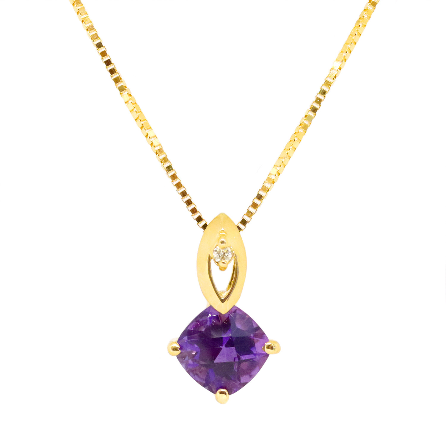 14KT Yellow Gold Checkered Square Amethyst Diamond Accent Necklace