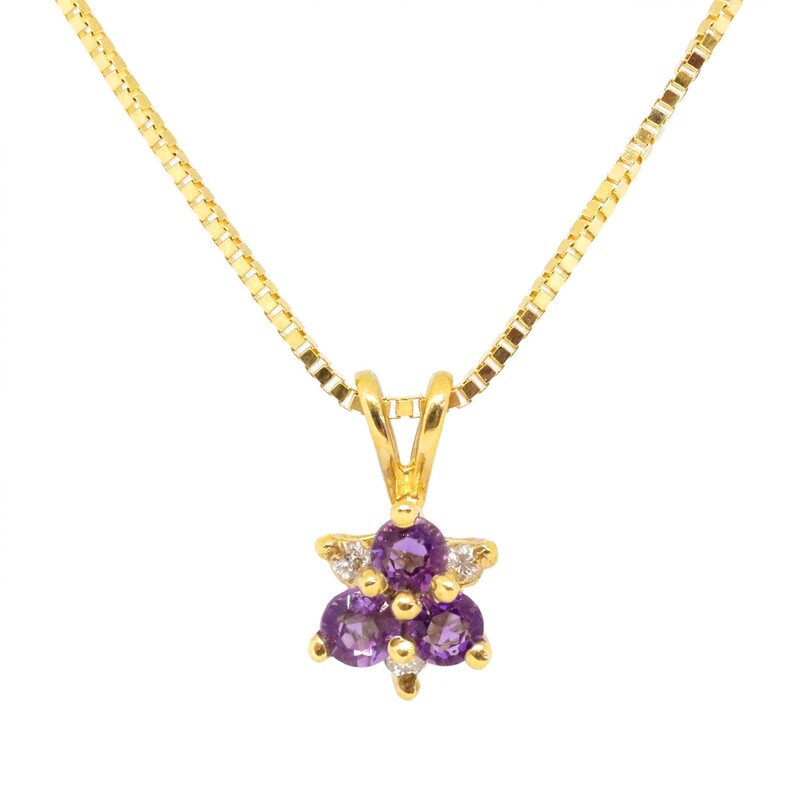 14KT Yellow Gold Three Round Amethyst Three Round Diamond Cluster Necklace