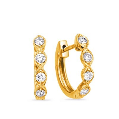 14KT Yellow Gold Diamond Mil-Grain Huggie Hoop Earrings