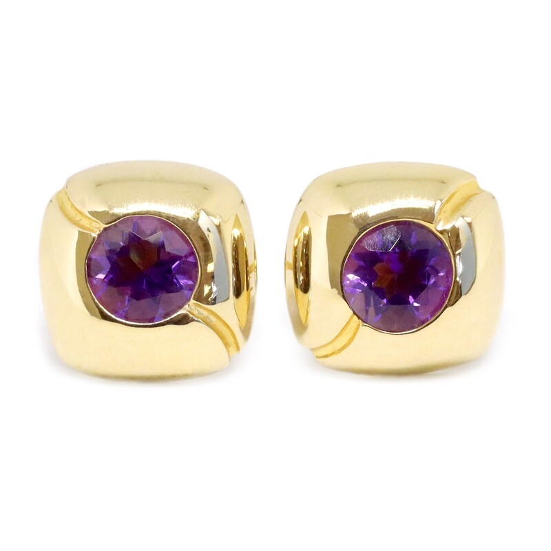 14KT Yellow Gold Round Amethyst Square Earrings