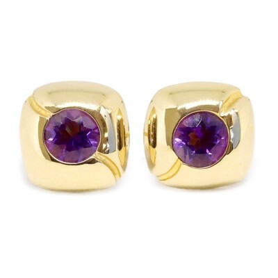 14KT Yellow Gold Round Amethyst Square Earrings
