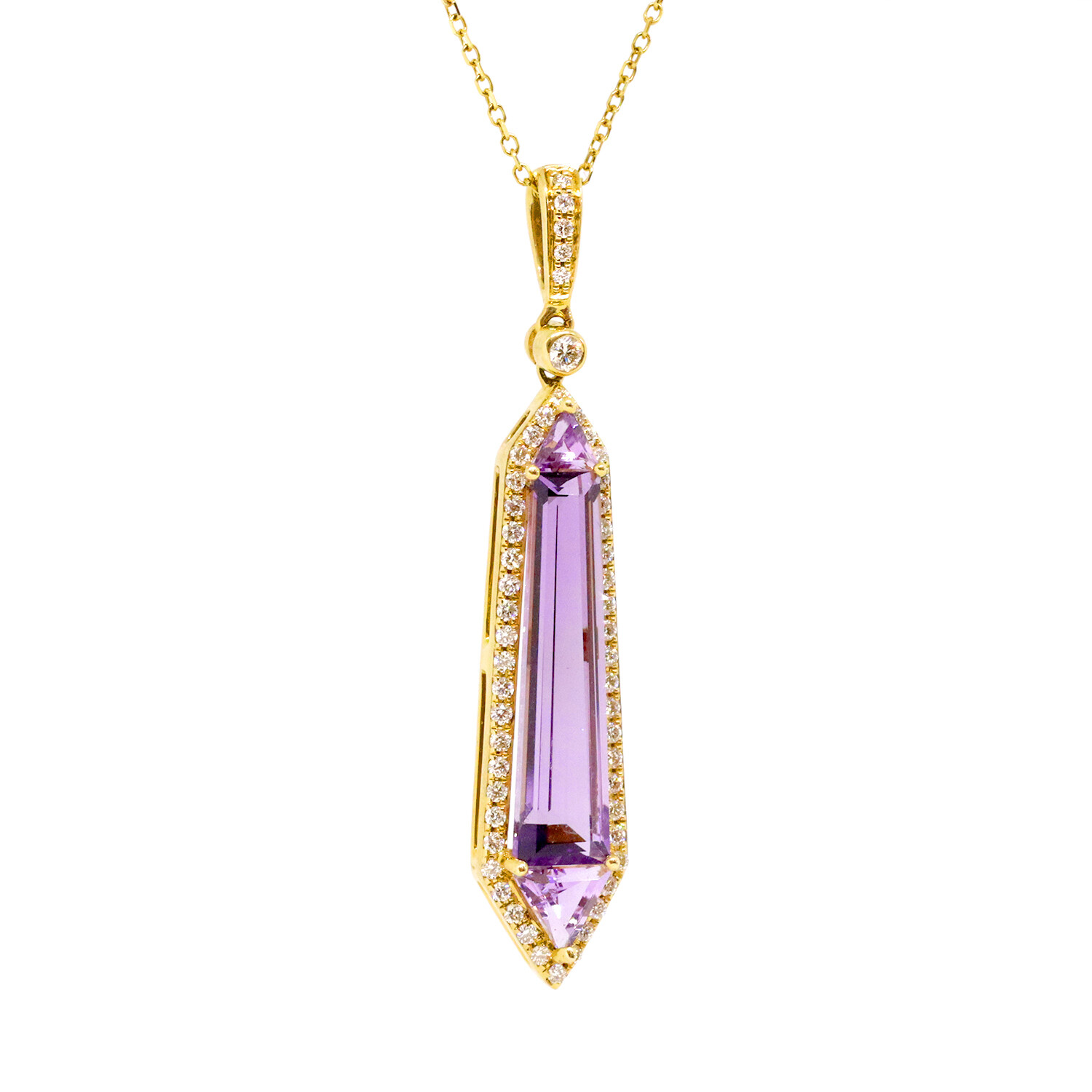 14KT Yellow Gold Fancy Amethyst Diamond Halo Necklace