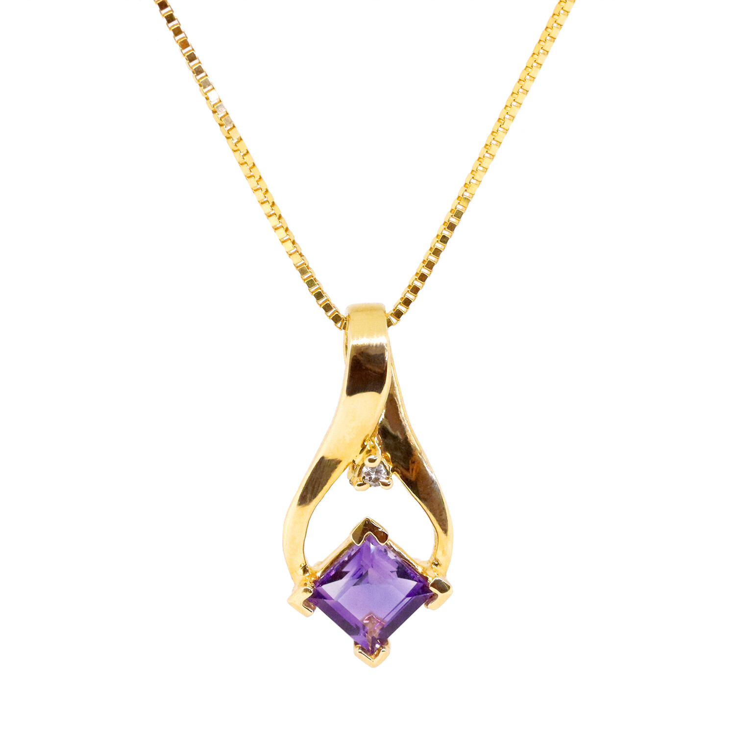 14KT Yellow Gold Square Amethyst Diamond Accent Swirl Necklace