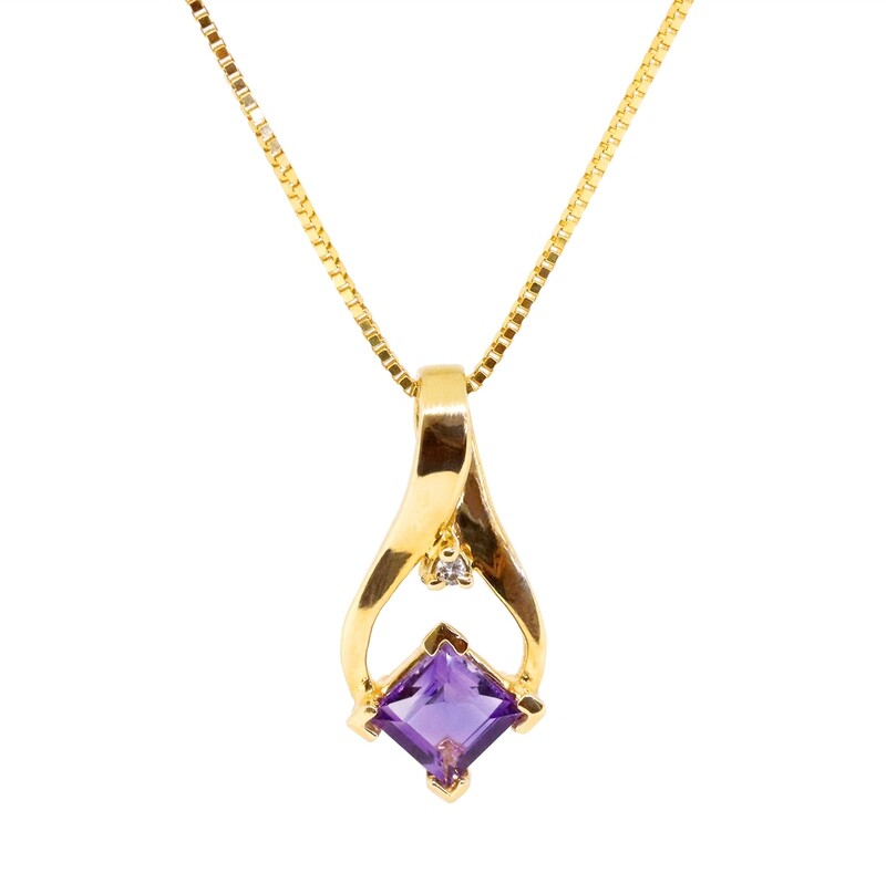 14KT Yellow Gold Square Amethyst Diamond Accent Swirl Necklace
