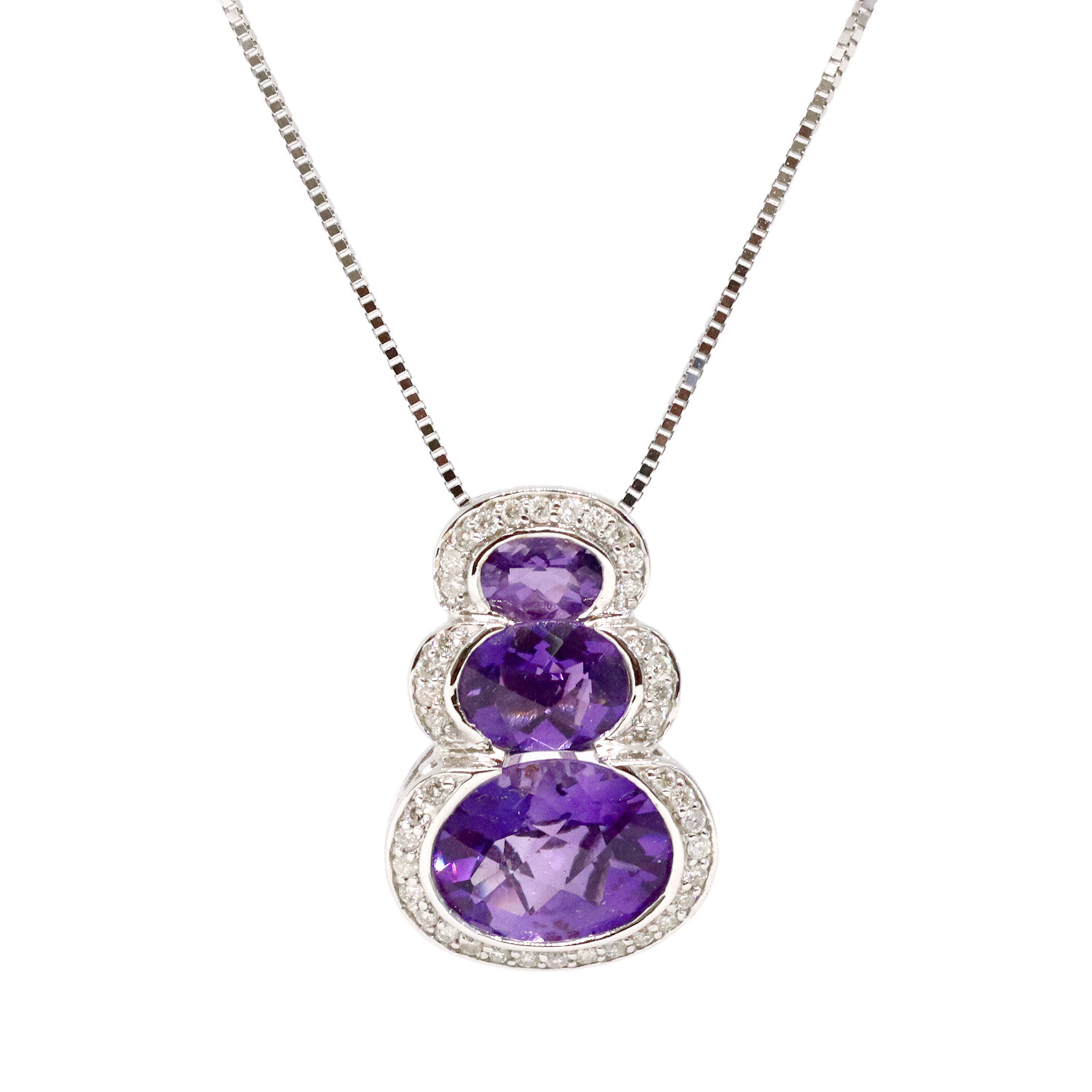 14KT White Gold Oval Amethyst Diamond Halo Snowman Necklace