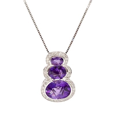 14KT White Gold Oval Amethyst Diamond Halo Snowman Necklace