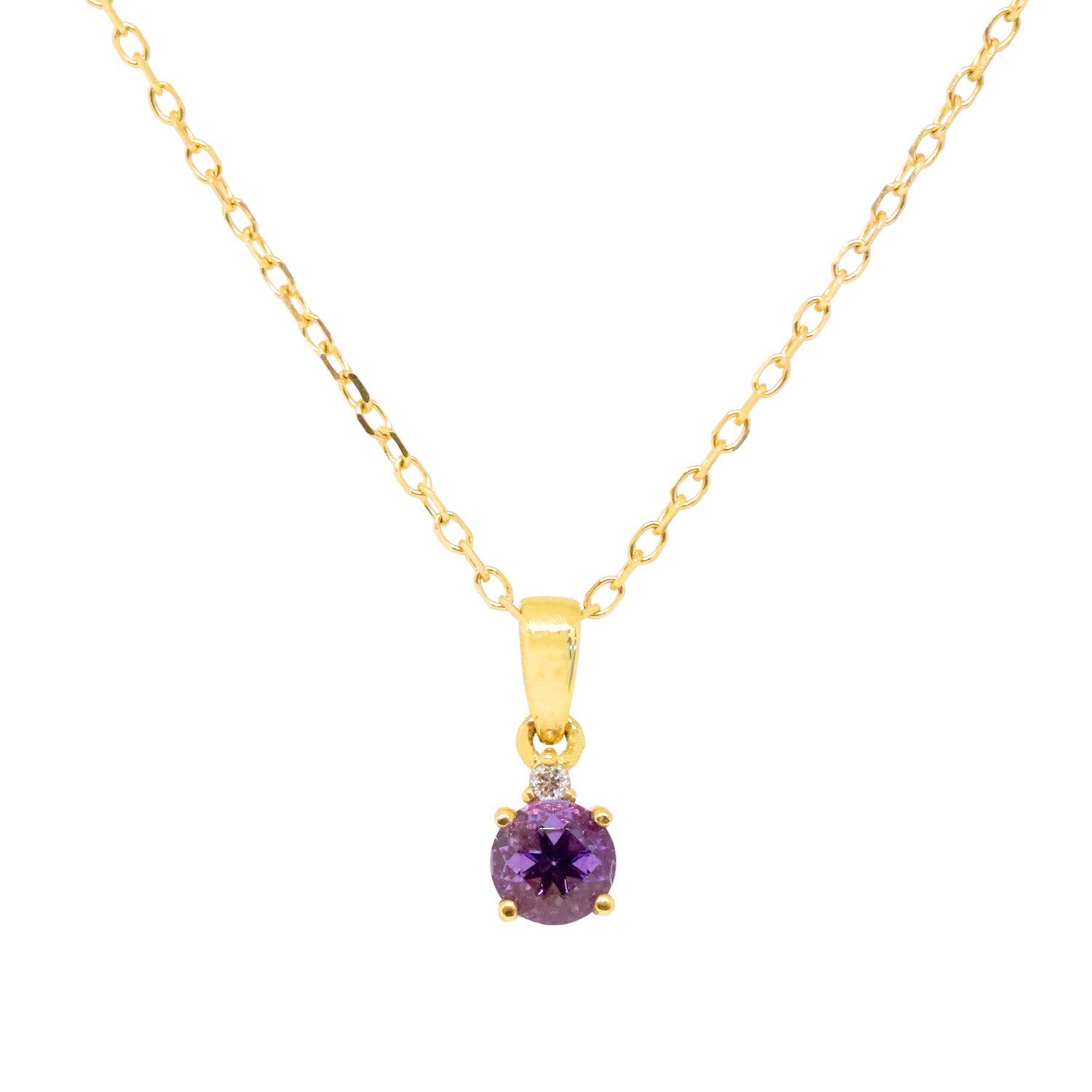 10KT Yellow Gold Round Amethyst Diamond Accent Necklace