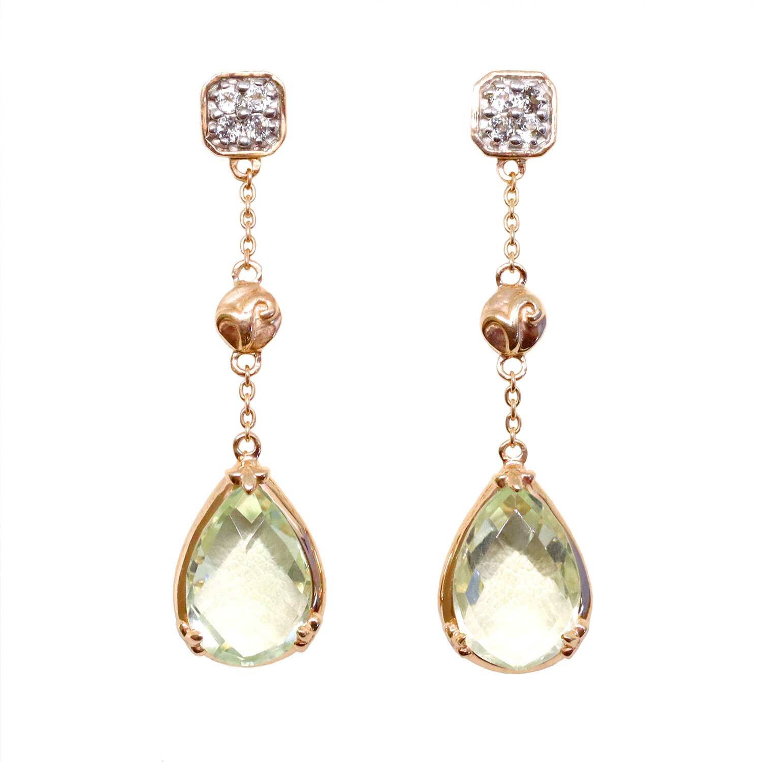 Rose Gold Plated Checkered Pear Green Amethyst White Topaz Dangle Earrings