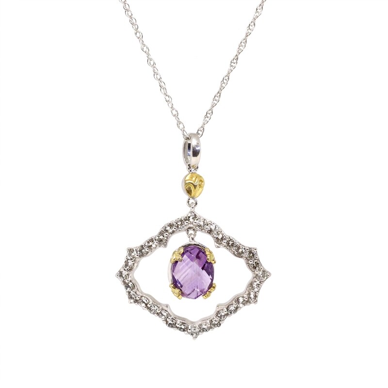 Silver TwoTone Checkered Oval Amethyst White Topaz Halo Necklace