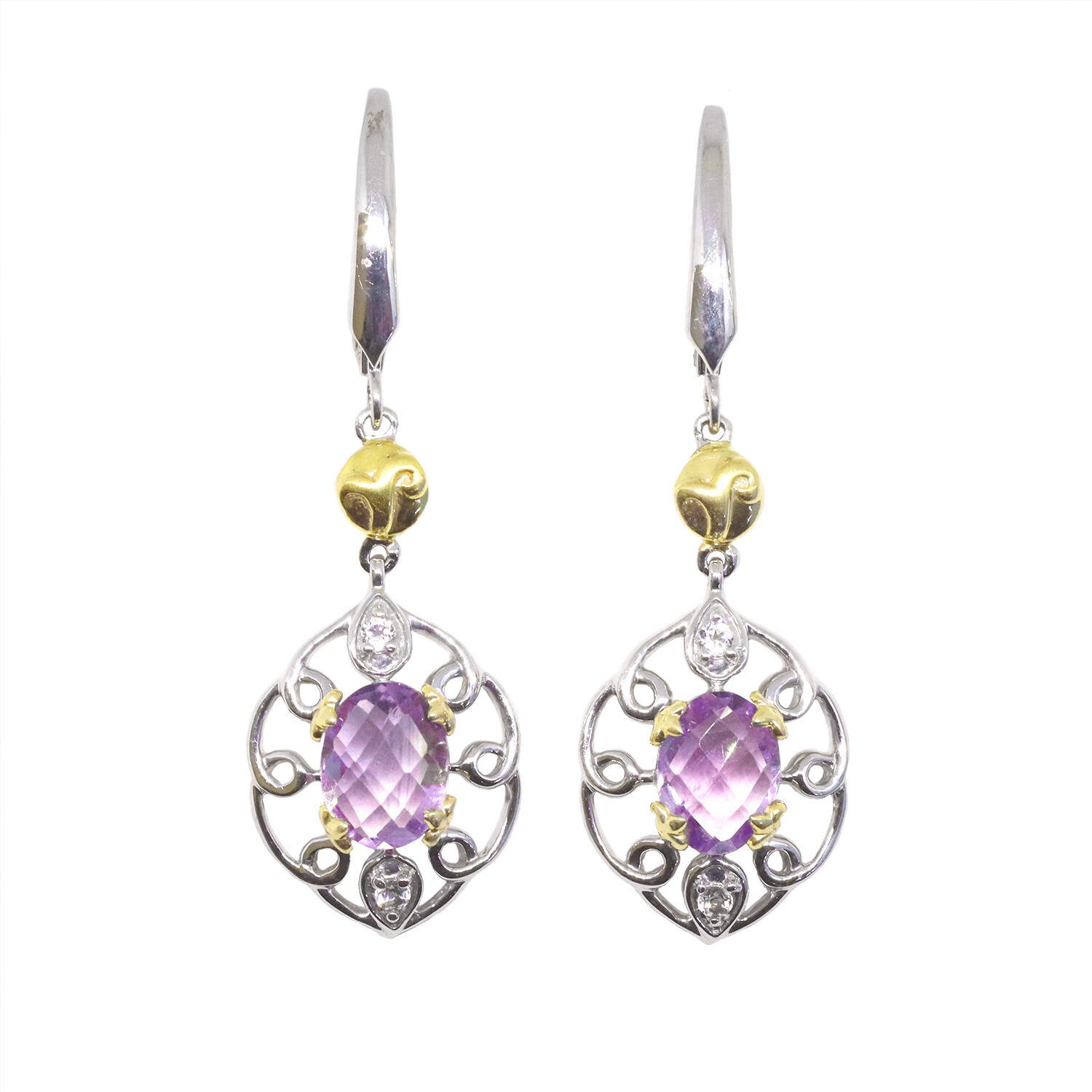 Silver TwoTone Checkered Oval Amethyst with White Topaz Accent Swirl Dangle Earrings