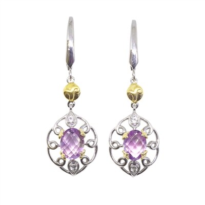 Silver TwoTone Checkered Oval Amethyst with White Topaz Accent Swirl Dangle Earrings