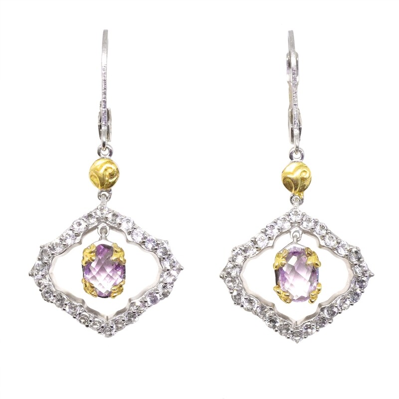 Silver TwoTone Checkered Oval Amethyst White Topaz Halo Earrings