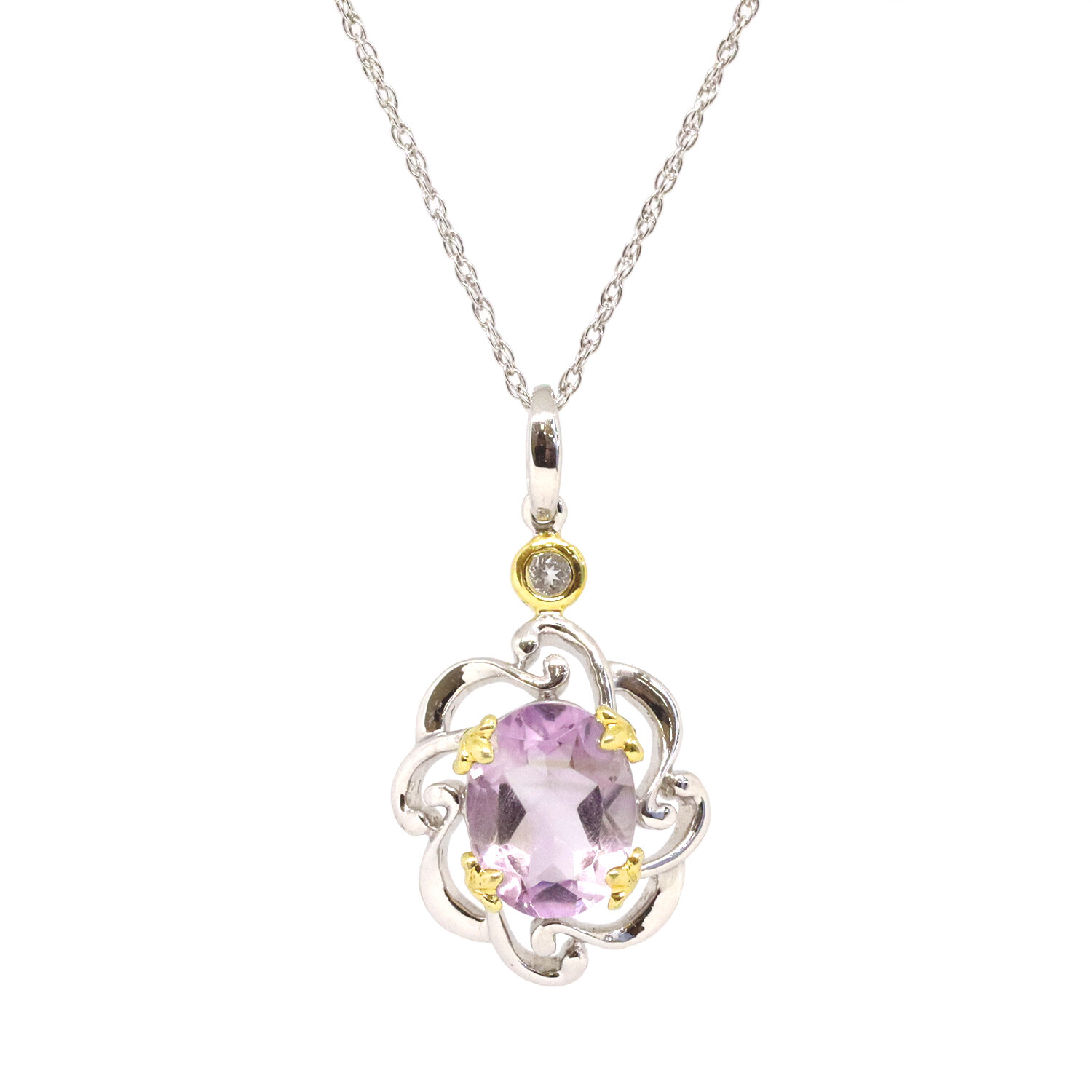 Silver TwoTone Oval Amethyst with White Topaz Accent Filigree Necklace