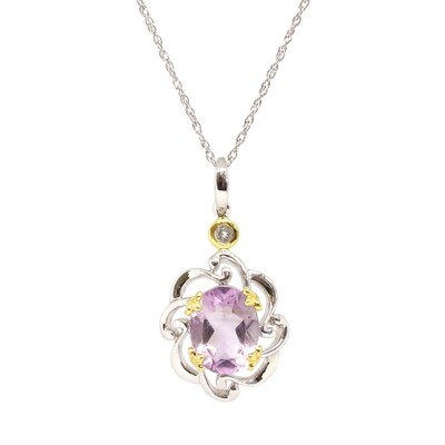 Silver TwoTone Oval Amethyst with White Topaz Accent Filigree Necklace