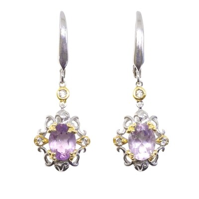 Silver TwoTone Oval Amethyst with White Topaz Accent Swirl Earring
