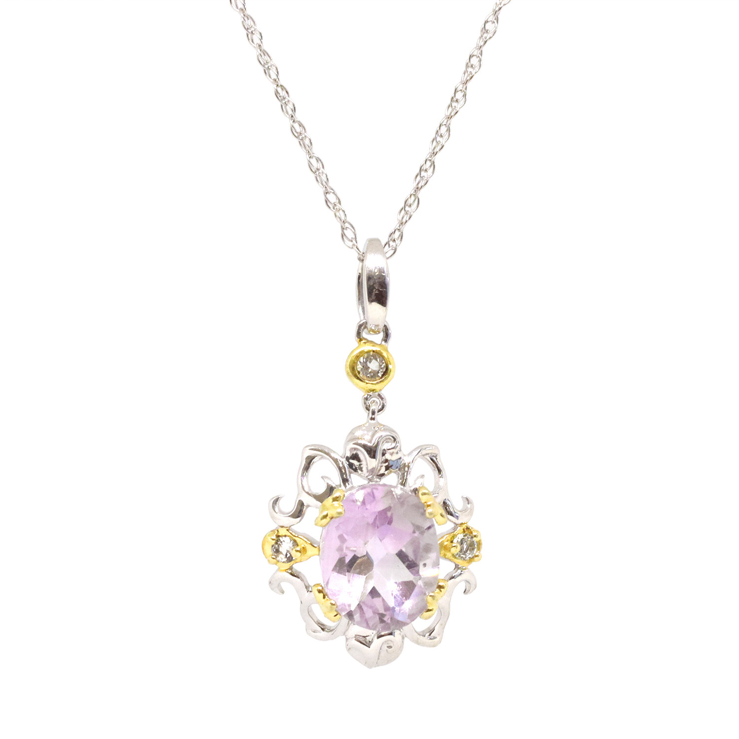 Silver TwoTone Oval Amethyst with White Topaz Accent Swirl Necklace