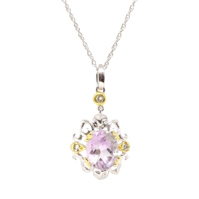 Silver TwoTone Oval Amethyst with White Topaz Accent Swirl Necklace