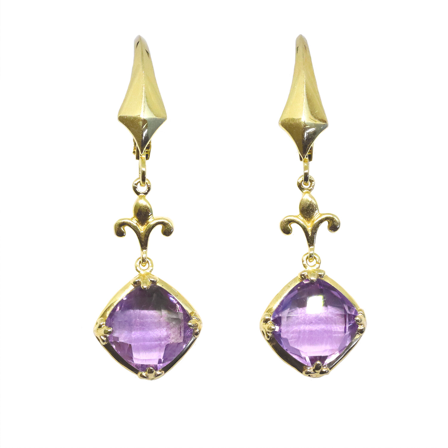 Yellow Gold Plated Checkered Cushion Amethyst Dangle Earrings