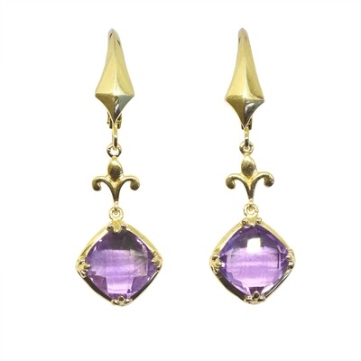 Yellow Gold Plated Checkered Cushion Amethyst Dangle Earrings