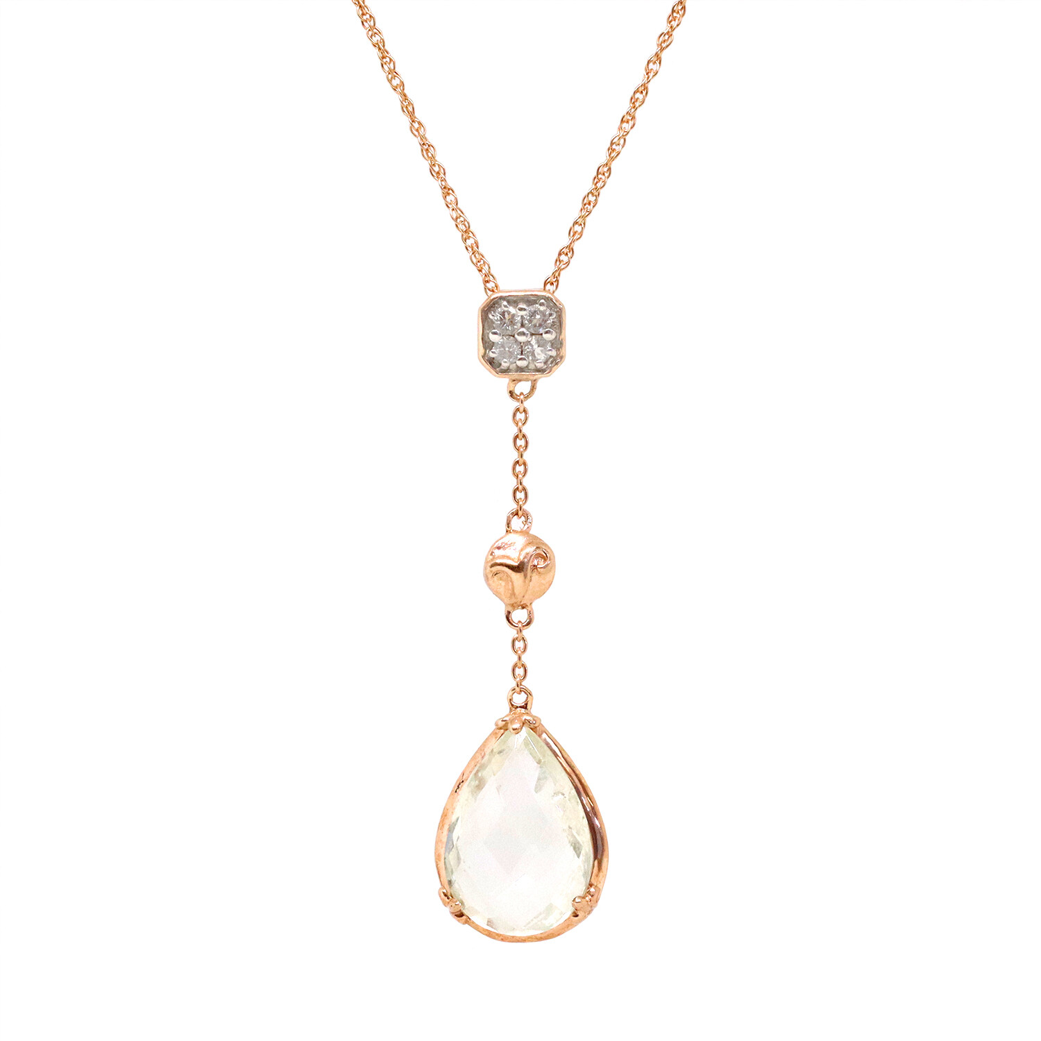 Rose Gold Toned Checkered Pear Green Amethyst with White Topaz Necklace