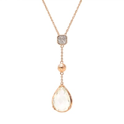 Rose Gold Toned Checkered Pear Green Amethyst with White Topaz Necklace