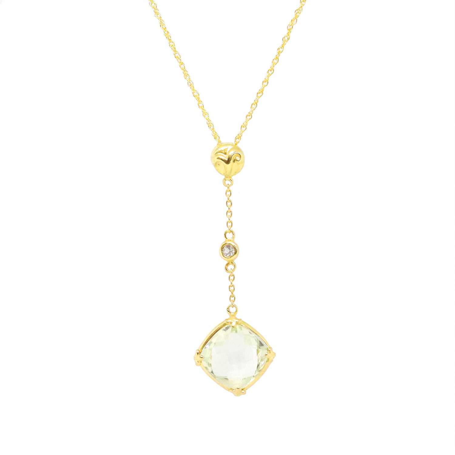 Yellow Gold Toned Checkered Cushion Green Amethyst with White Topaz Necklace