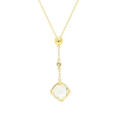 Yellow Gold Toned Checkered Cushion Green Amethyst with White Topaz Necklace