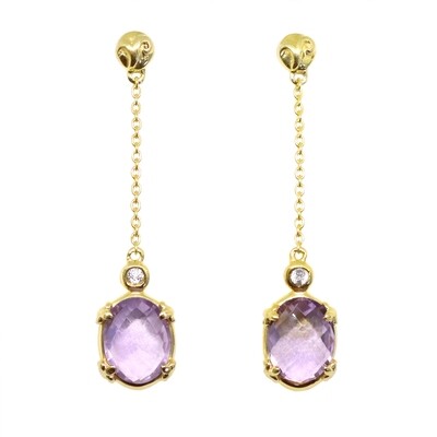 Yellow Gold Plated Checkered Oval Amethyst White Topaz Accent Dangle Earrings