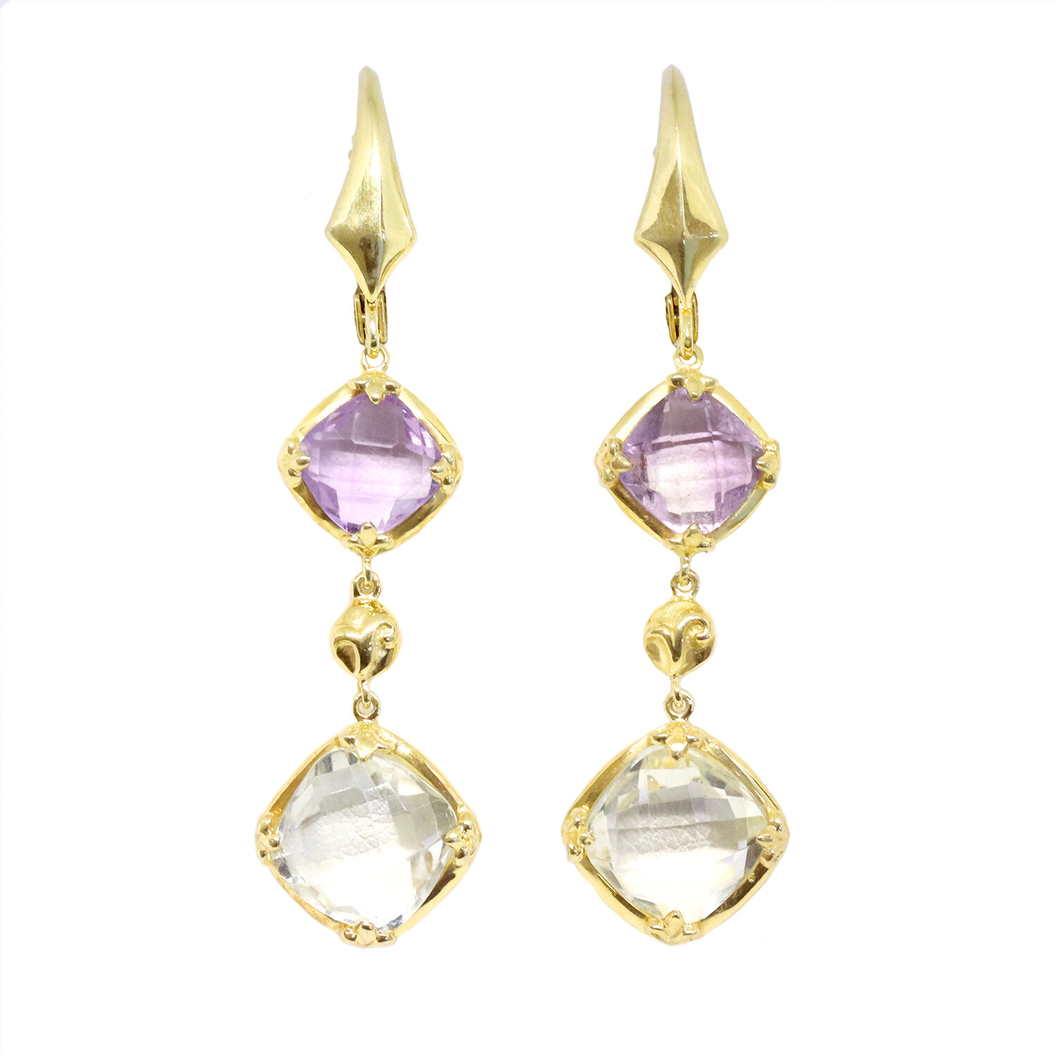 Yellow Gold Plated Checkered Cushion Green and Purple Amethyst Dangle Earrings