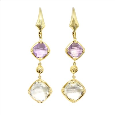 Yellow Gold Plated Checkered Cushion Green and Purple Amethyst Dangle Earrings
