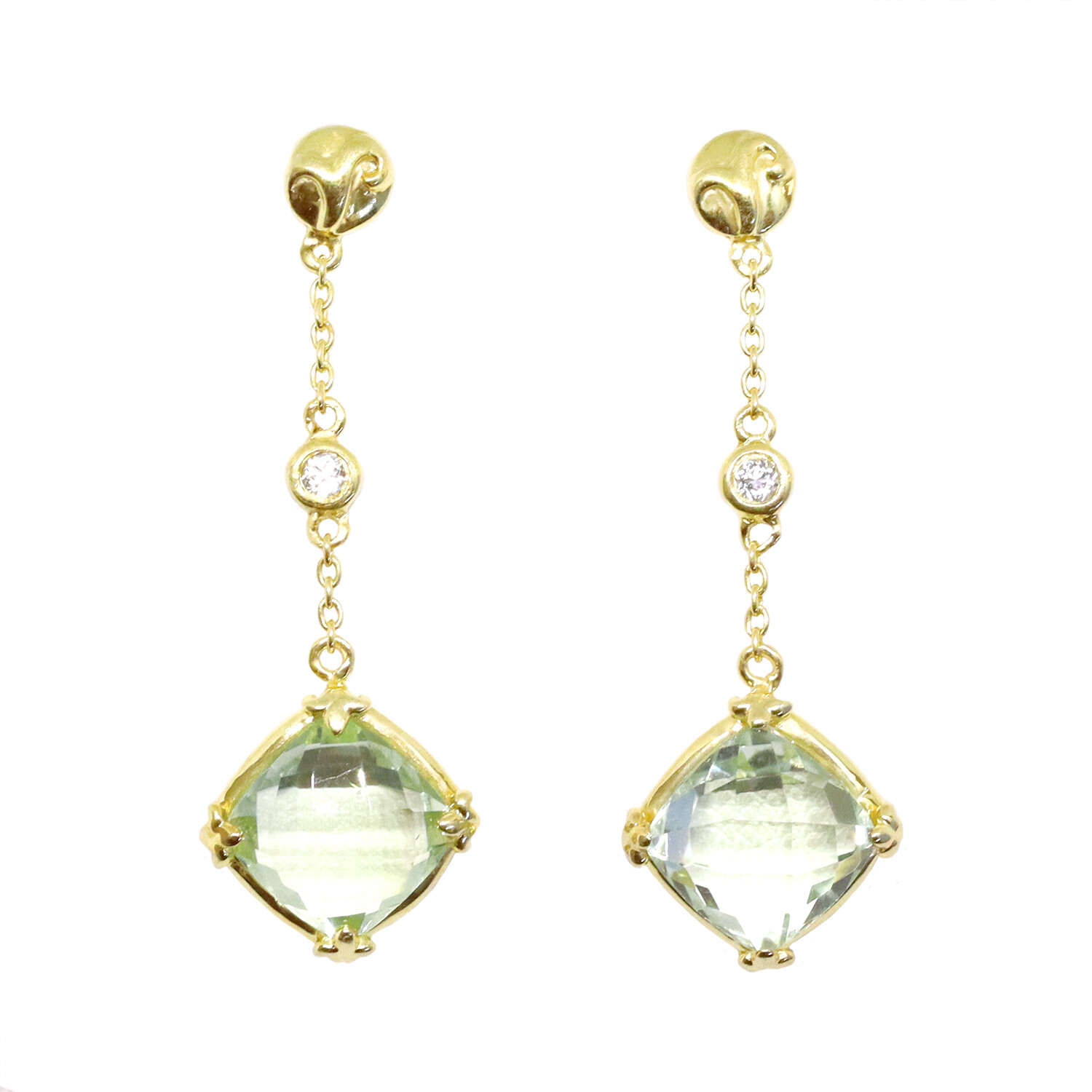 Yellow Gold Toned Checkered Cushion Green Amethyst with White Topaz Dangle Earrings