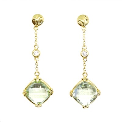 Yellow Gold Toned Checkered Cushion Green Amethyst with White Topaz Dangle Earrings