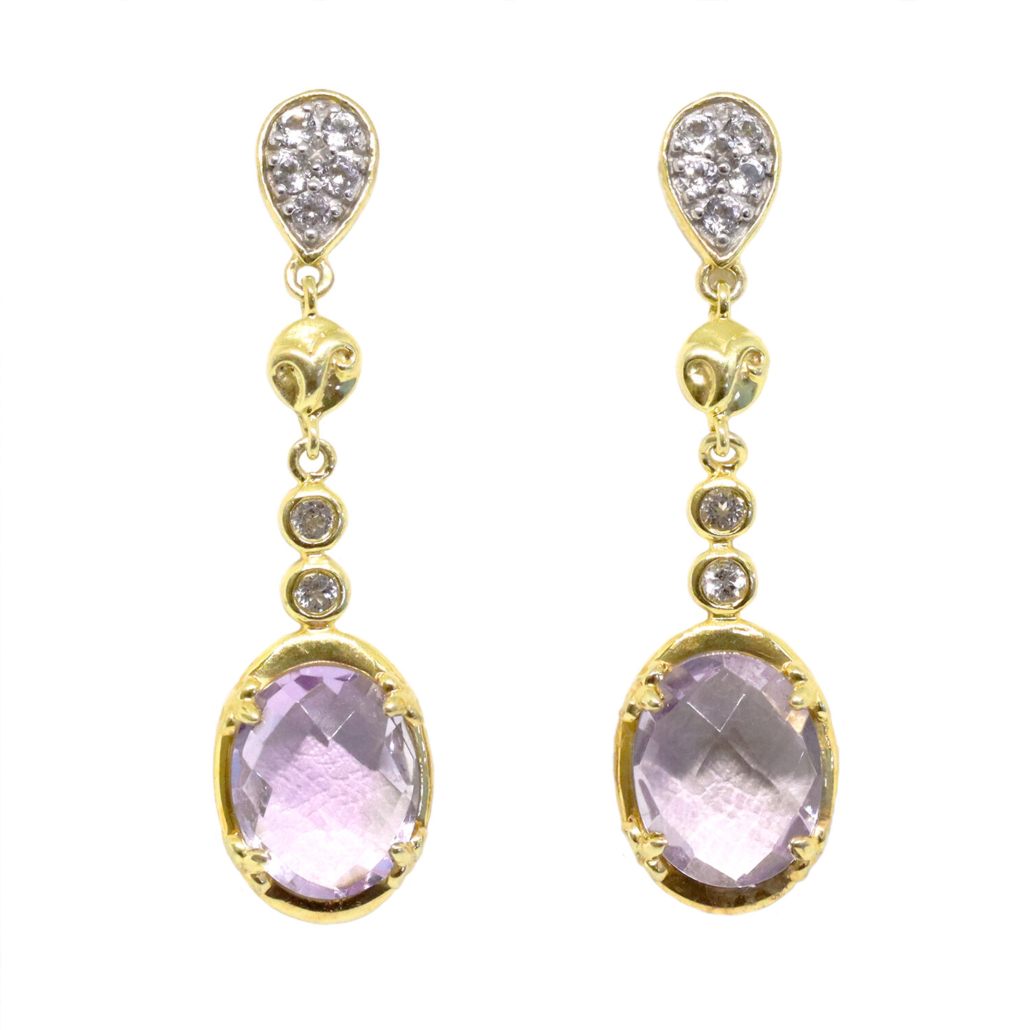Yellow Gold Plated Checkered Oval Amethyst White Topaz Accent Dangle Earrings