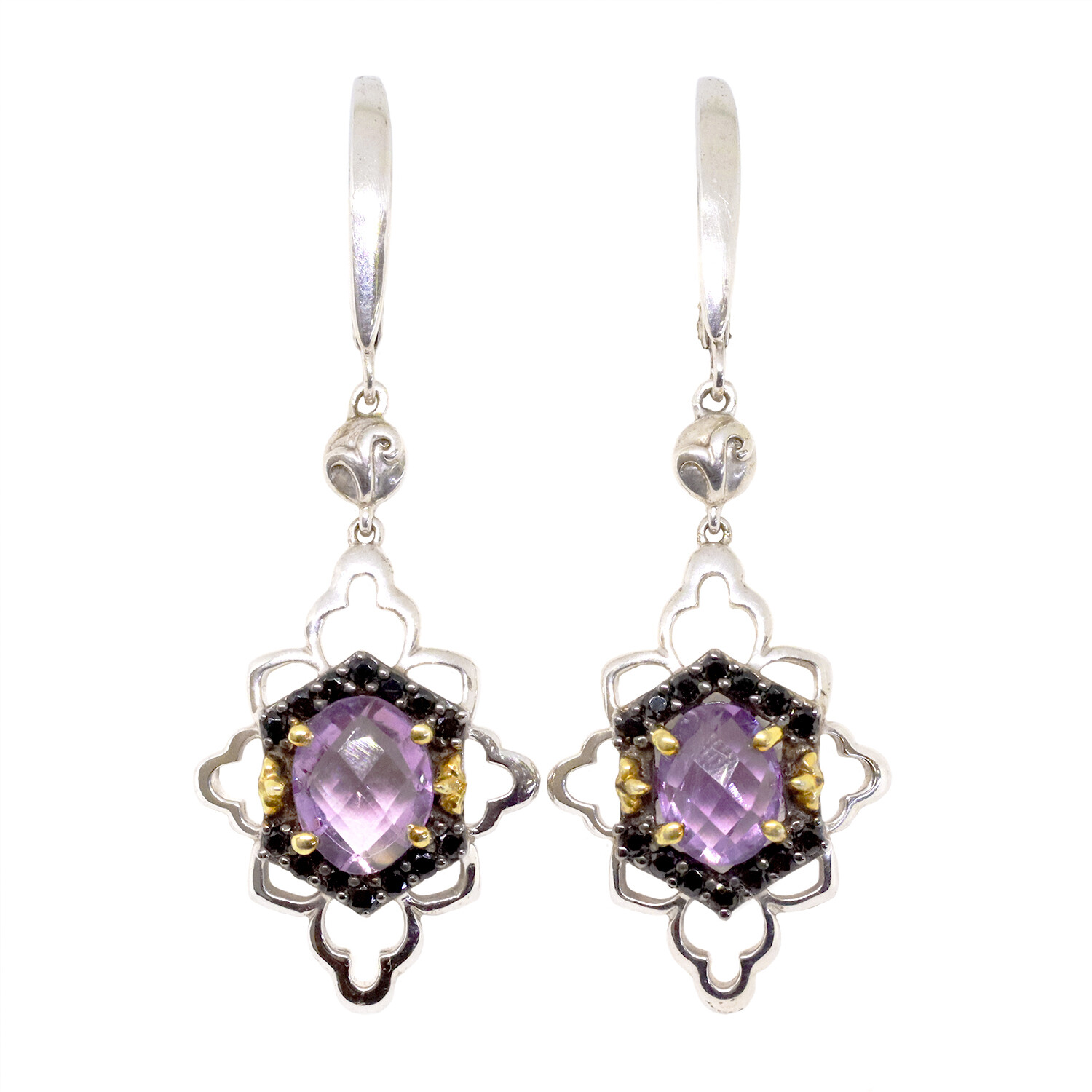 Silver TwoTone Oval Amethyst with Black Spinel Accent Earring