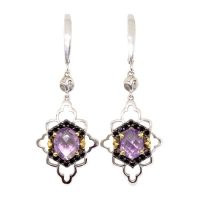 Silver TwoTone Oval Amethyst with Black Spinel Accent Earring