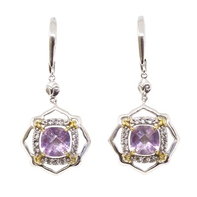 Silver TwoTone Oval Amethyst with White Topaz Halo Earrings
