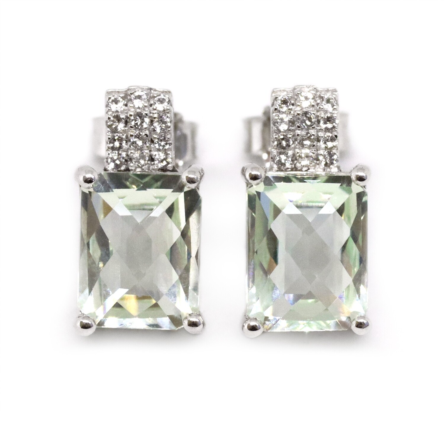 Silver Rectangle Green Amethyst White Topaz Accent Earrings