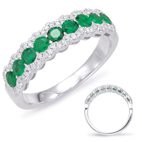 14KT White Gold Round Emerald and Diamond Band