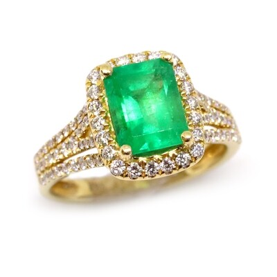 14KT Yellow Gold Emerald-Cut Emerald Diamond Halo Ring