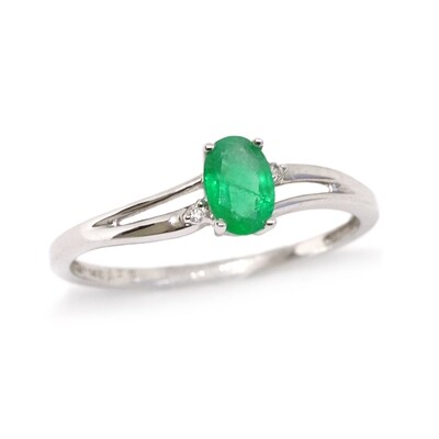 14KT White Gold Oval Emerald Two Diamond Accent Ring