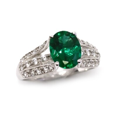 14KT White Gold Created Oval Emerald Created White Sapphire Ring