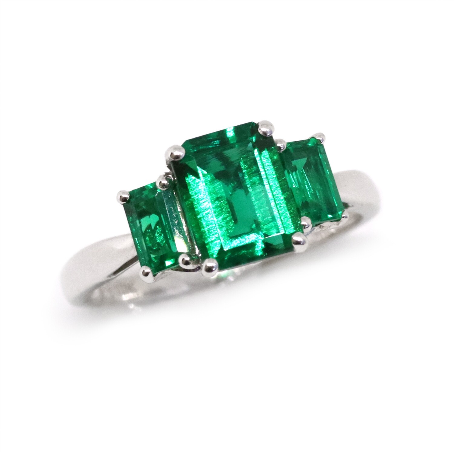 10KT White Gold Three Emerald-Cut Emerald Ring