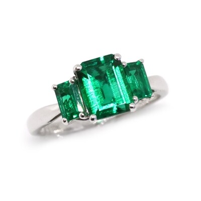 10KT White Gold Three Emerald-Cut Emerald Ring