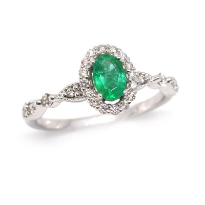 14KT White Gold Oval Emerald Diamond Halo Milgrain Ring